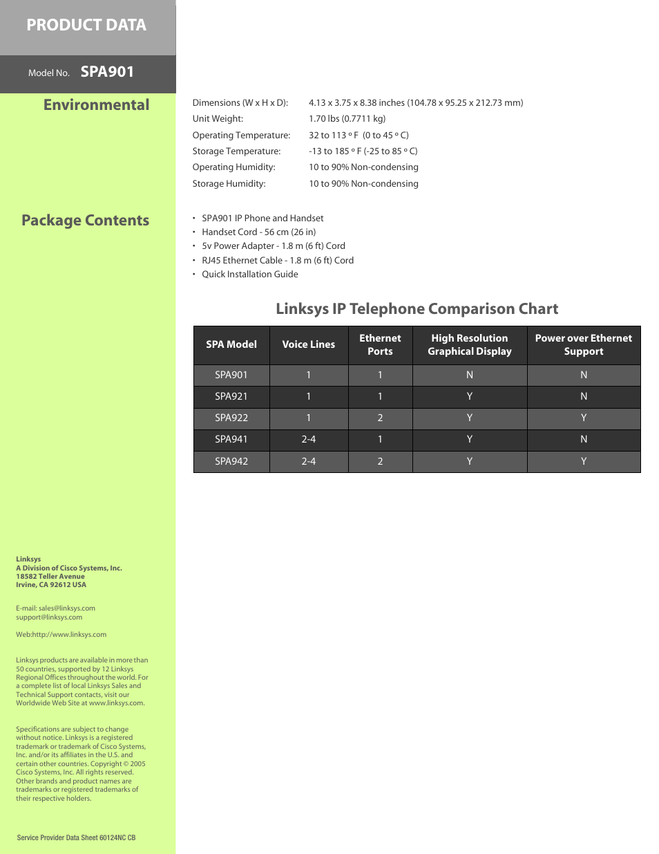 Product data, Spa901, Environmental | Package contents, Linksys ip telephone comparison chart | Linksys SPA901 User Manual | Page 4 / 4