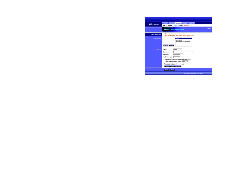 The administration tab - users | Linksys EFG120 User Manual | Page 35 / 61
