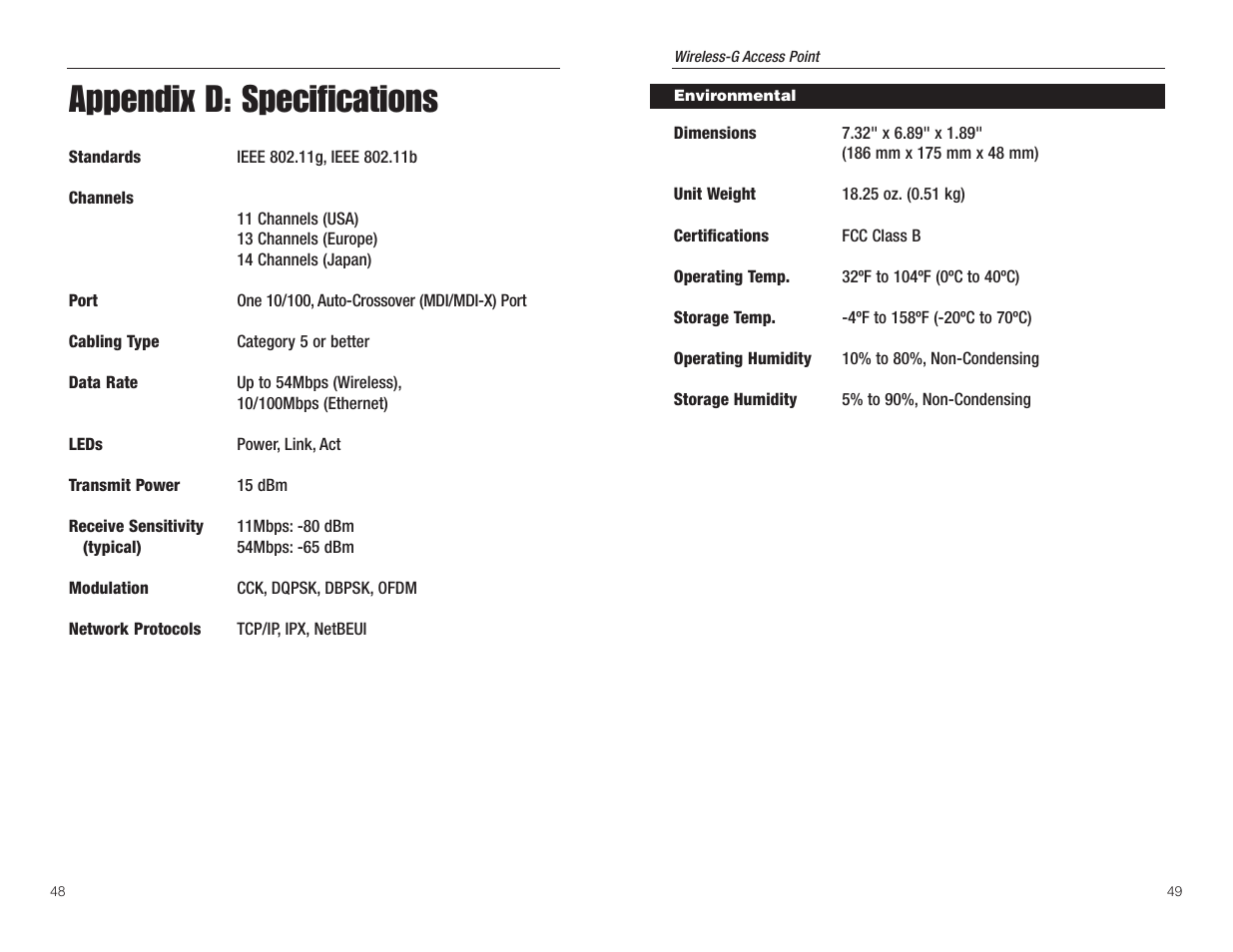 Appendix d: specifications | Linksys WAP54G User Manual | Page 28 / 30