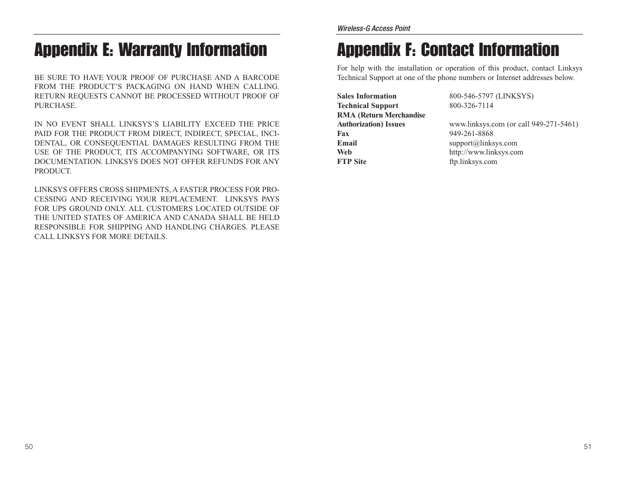 Appendix e: warranty information, Appendix f: contact information | Linksys WAP54G User Manual | Page 29 / 30