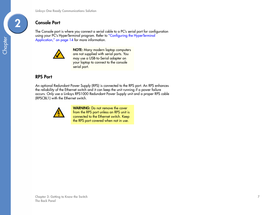 Console port, Rps port, Details, refer to | Console, Refer to, Chapter | Linksys SGE2000 User Manual | Page 11 / 50
