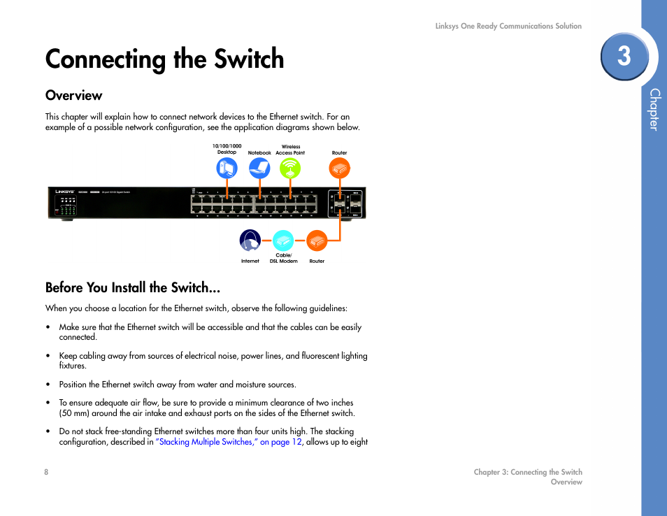 Connecting the switch, Overview, Before you install the switch | Chapter | Linksys SGE2000 User Manual | Page 12 / 50
