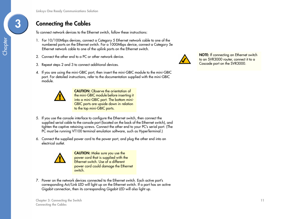 Connecting the cables, Chapter | Linksys SGE2000 User Manual | Page 15 / 50