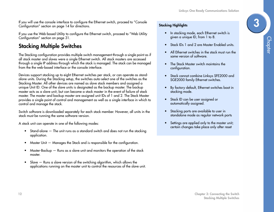 Stacking multiple switches, Chapter | Linksys SGE2000 User Manual | Page 16 / 50
