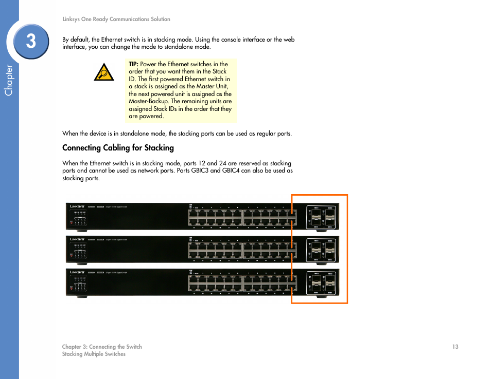 Connecting cabling for stacking, Chapter | Linksys SGE2000 User Manual | Page 17 / 50