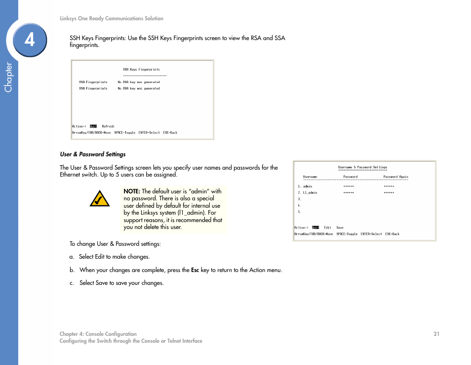 User & password settings, Chapter | Linksys SGE2000 User Manual | Page 25 / 50