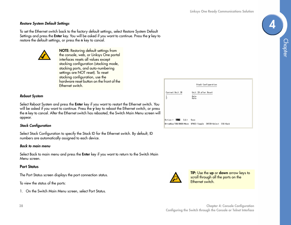 Port status, Restore system default settings, Reboot system | Stack configuration, Back to main menu, Chapter | Linksys SGE2000 User Manual | Page 32 / 50