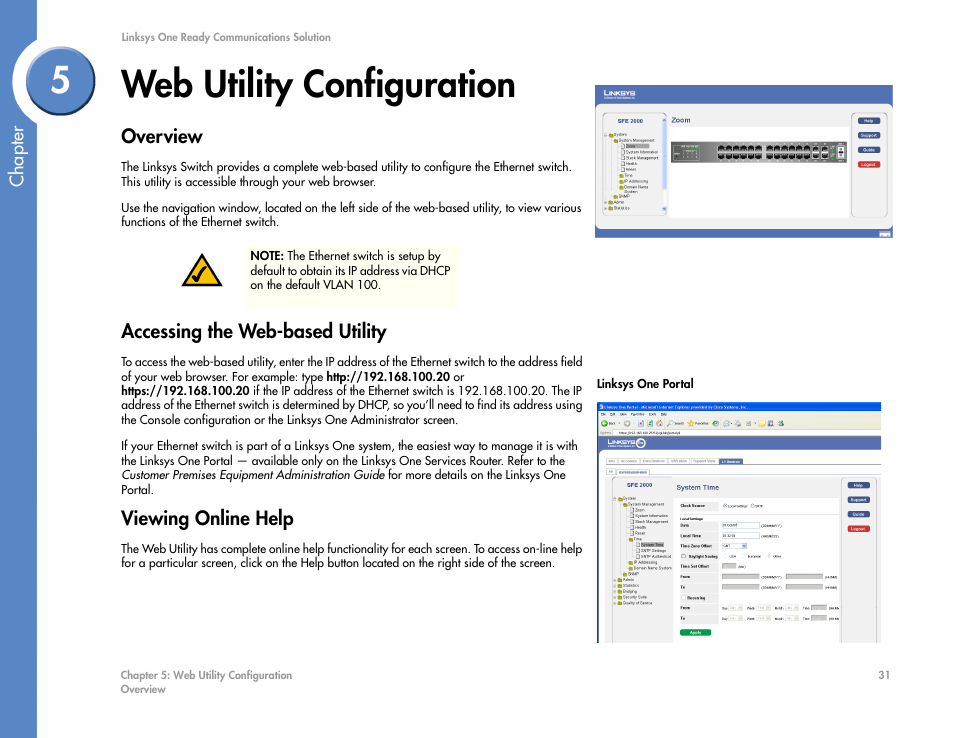Web utility configuration, Overview, Accessing the web-based utility | Viewing online help, Chapter 5: web utility configuration, 5web utility configuration | Linksys SGE2000 User Manual | Page 35 / 50