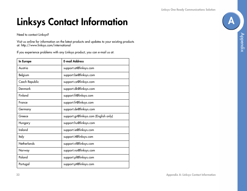 Appendix a: linksys contact information, Linksys contact information, Appendix | Linksys SGE2000 User Manual | Page 36 / 50