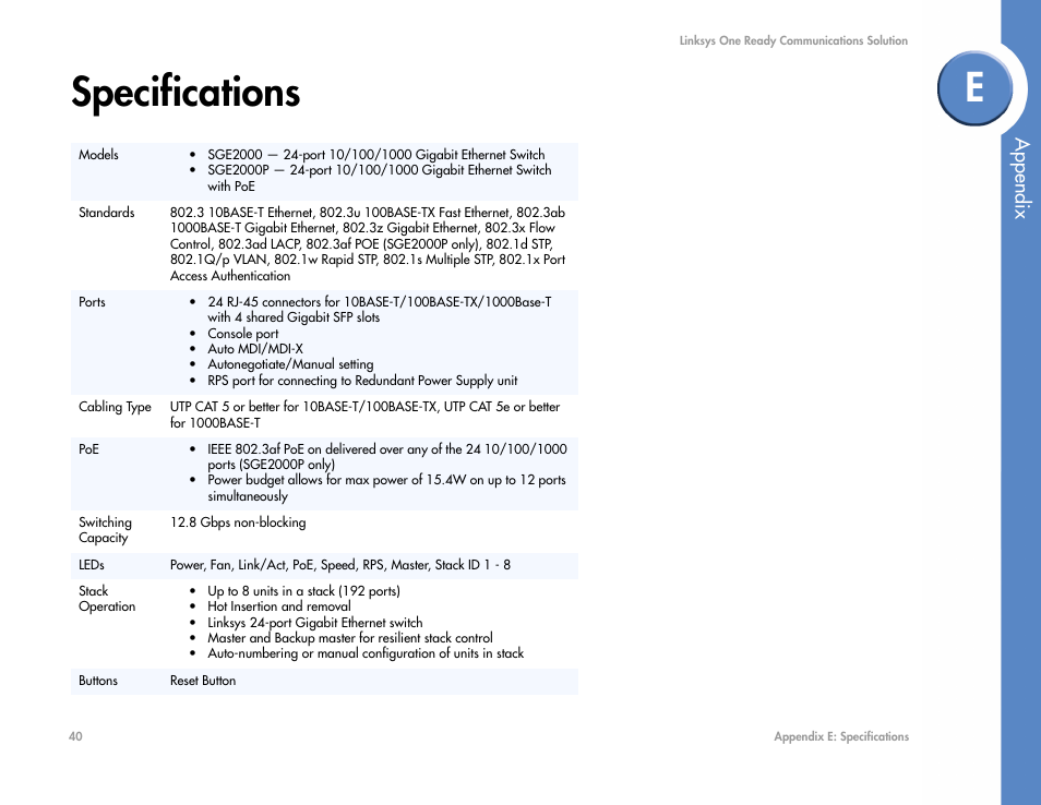 Specifications, Appendix | Linksys SGE2000 User Manual | Page 44 / 50