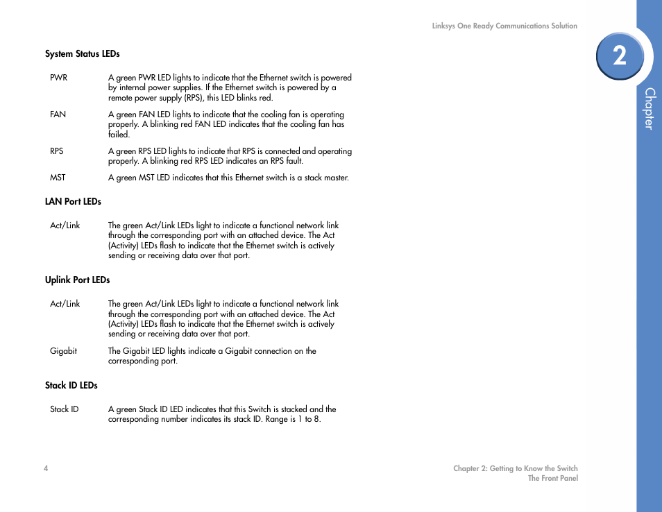 Lan port leds, Uplink port leds, Stack id leds | Chapter | Linksys SGE2000 User Manual | Page 8 / 50