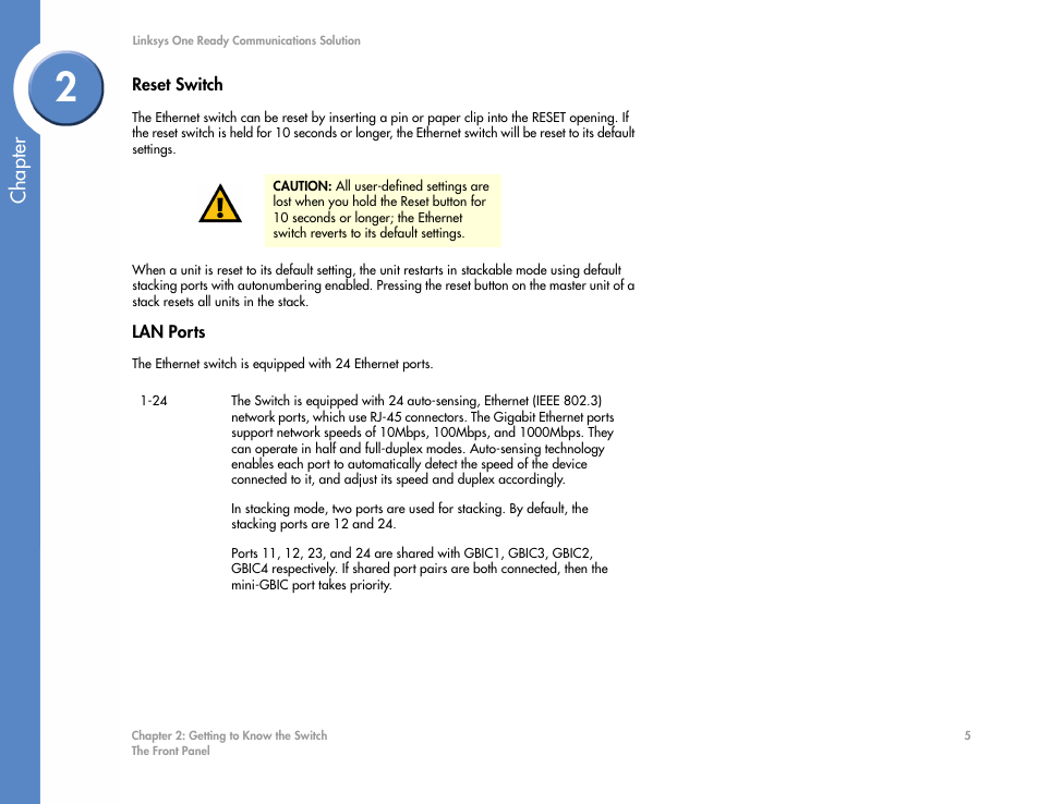 Reset switch, Lan ports, Lan ports,” on | Reset, Chapter | Linksys SGE2000 User Manual | Page 9 / 50