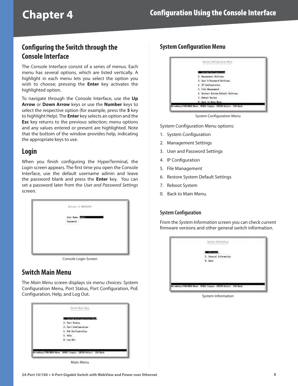 Login, Switch main menu, System configuration menu | Chapter 4, Configuration using the console interface | Linksys SRW224G4P User Manual | Page 12 / 72