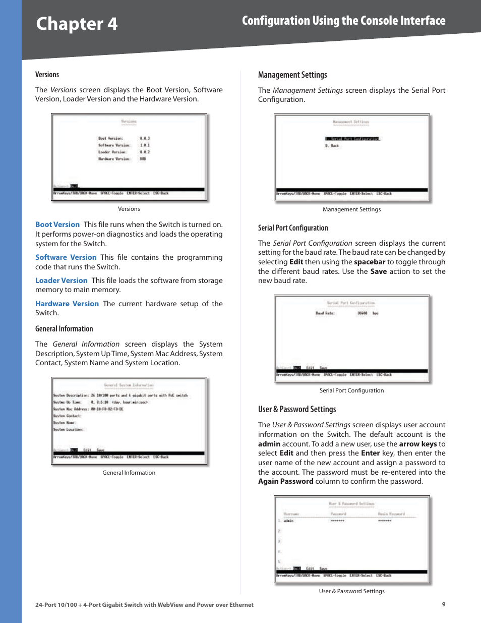 Chapter 4, Configuration using the console interface | Linksys SRW224G4P User Manual | Page 13 / 72