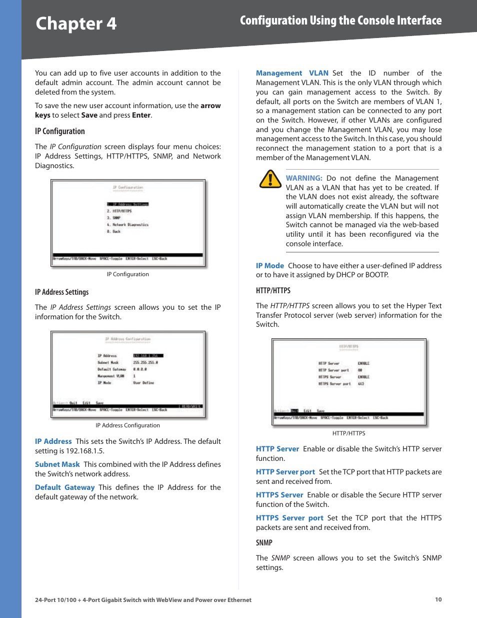 Chapter 4, Configuration using the console interface | Linksys SRW224G4P User Manual | Page 14 / 72