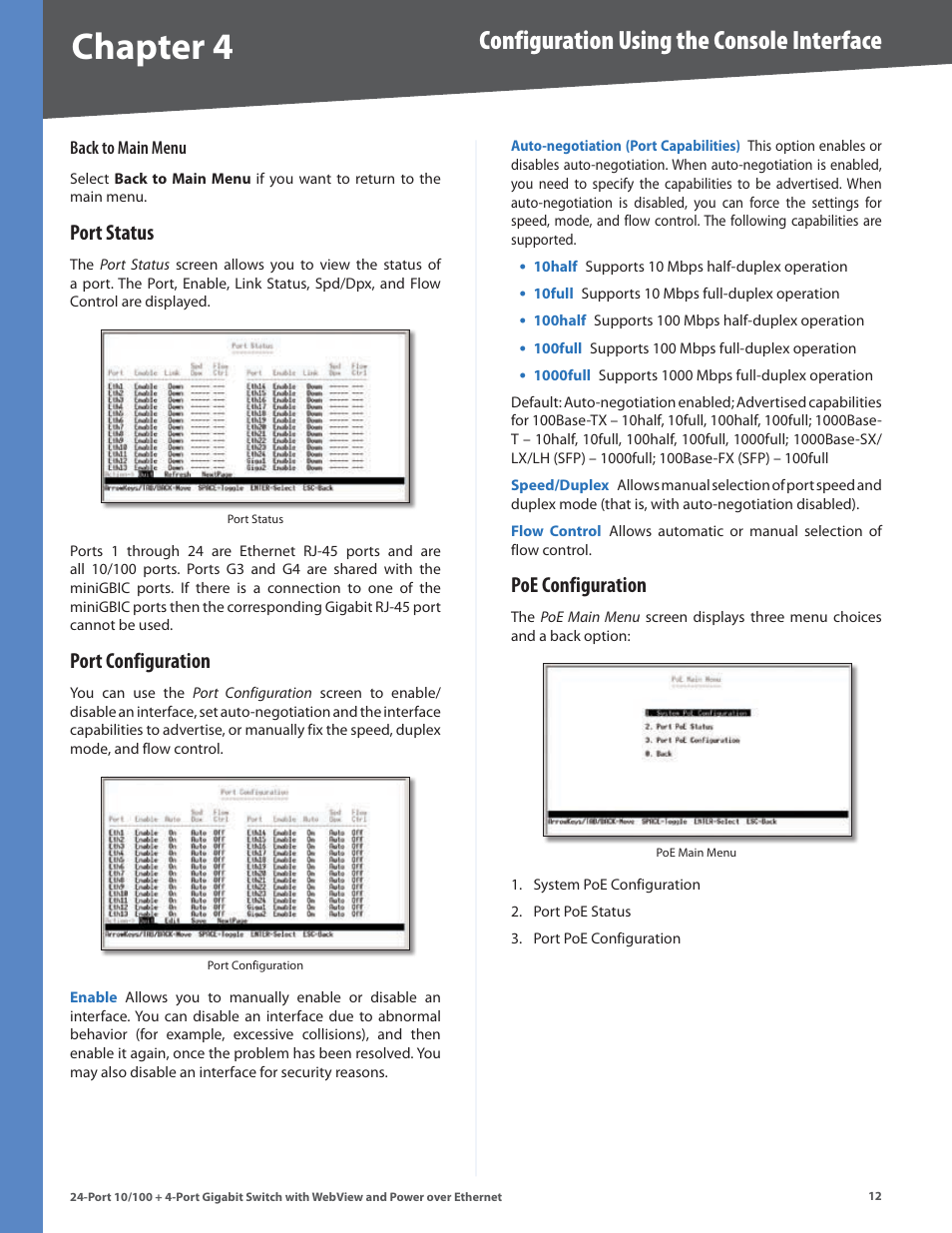 Port status, Port configuration, Poe configuration | Port status port configuration poe configuration, Chapter 4, Configuration using the console interface | Linksys SRW224G4P User Manual | Page 16 / 72