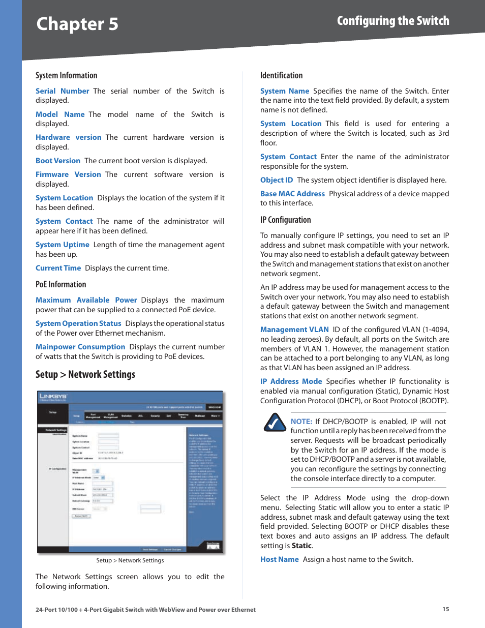 Setup > network settings, Chapter, Configuring the switch | Linksys SRW224G4P User Manual | Page 19 / 72