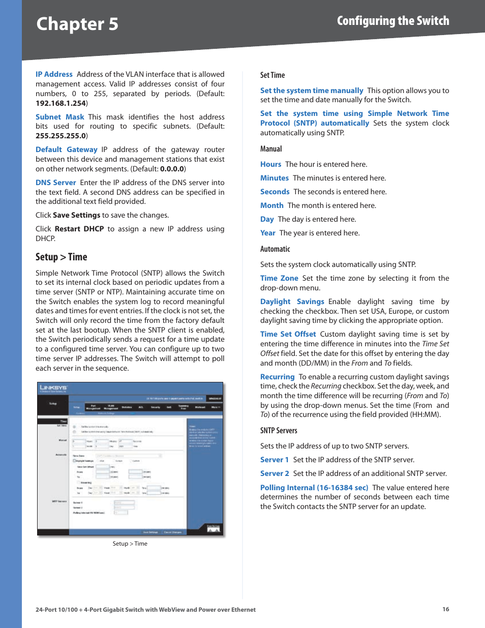 Setup > time, Chapter, Configuring the switch | Linksys SRW224G4P User Manual | Page 20 / 72