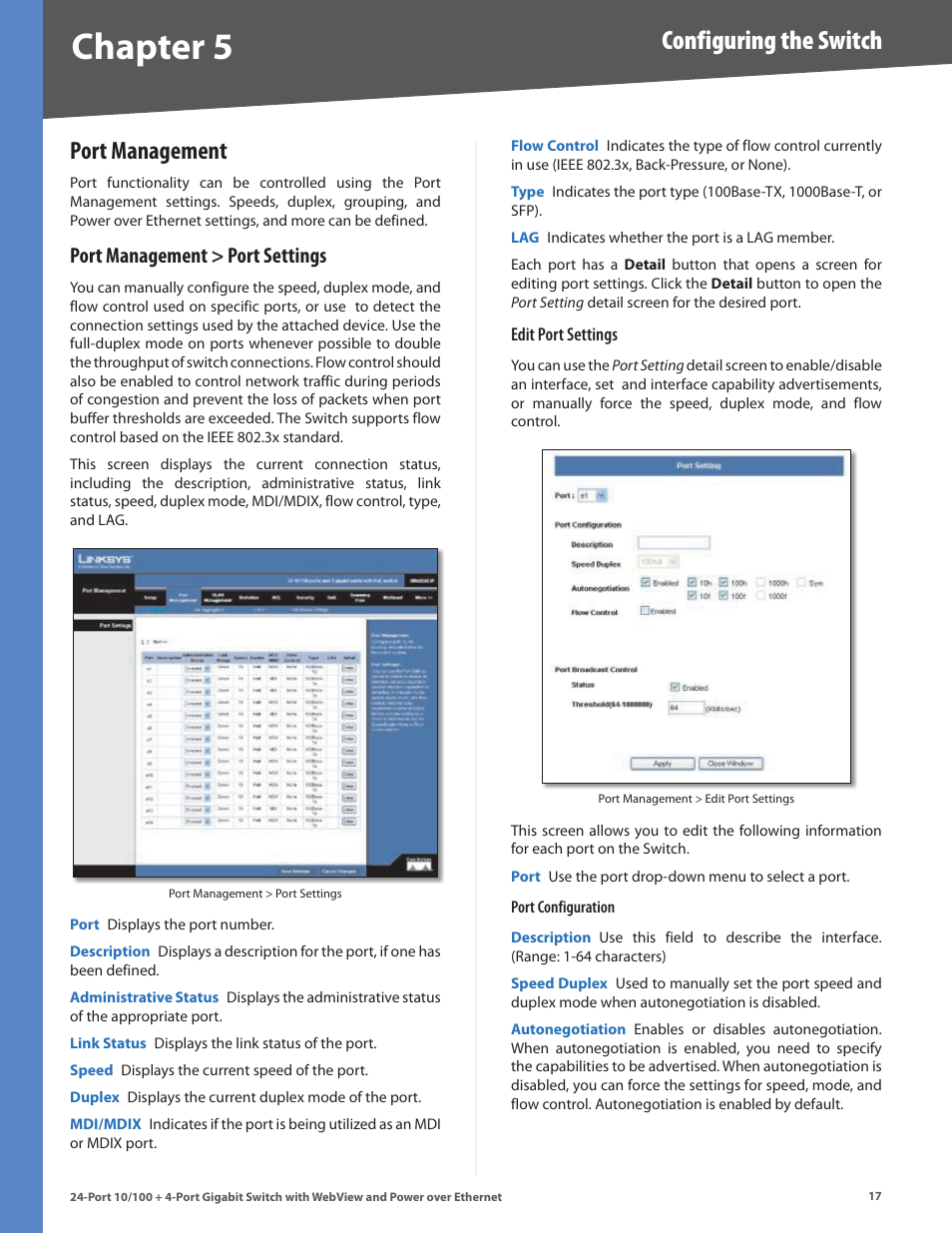 Port management, Port management > port settings, Chapter | Configuring the switch | Linksys SRW224G4P User Manual | Page 21 / 72