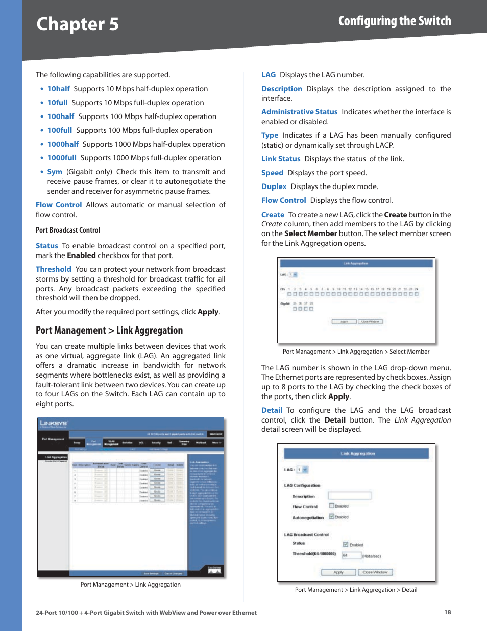 Port management > link aggregation, Chapter, Configuring the switch | Linksys SRW224G4P User Manual | Page 22 / 72