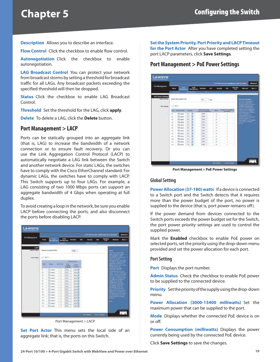 Port management > lacp, Port management > poe power settings, Chapter | Configuring the switch | Linksys SRW224G4P User Manual | Page 23 / 72