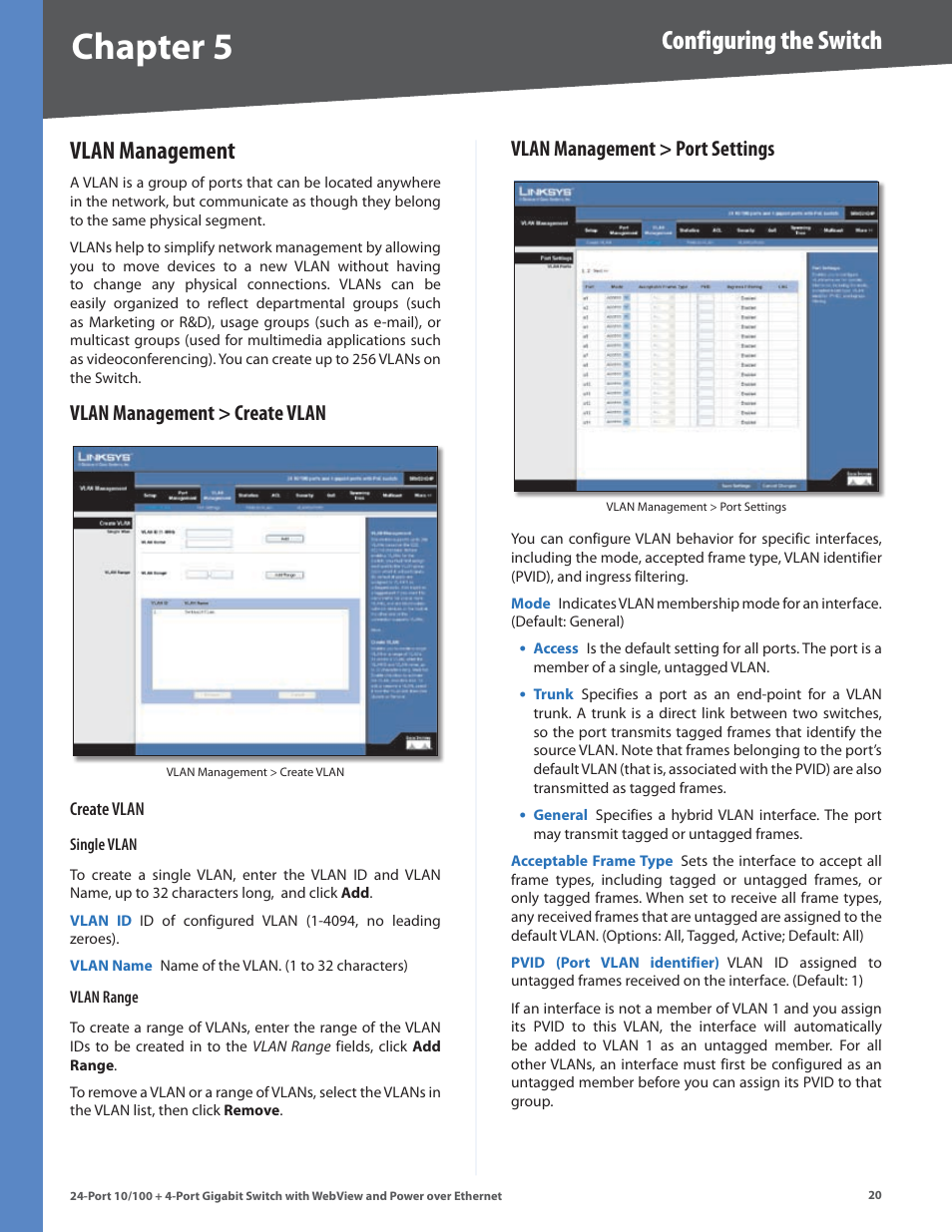 Vlan management, Vlan management > create vlan, Vlan management > port settings | Chapter, Configuring the switch | Linksys SRW224G4P User Manual | Page 24 / 72