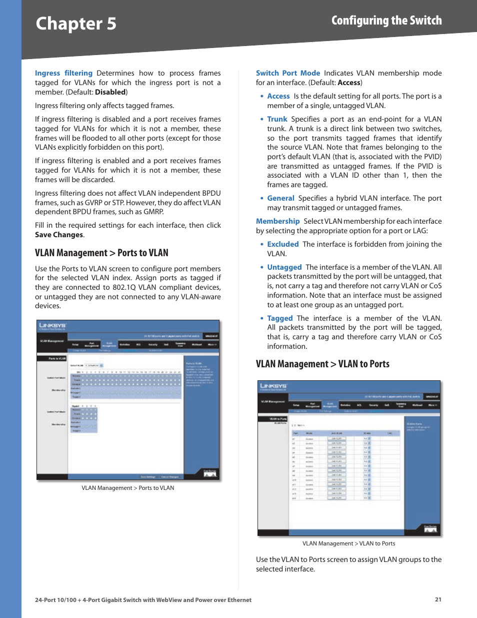 Vlan management > ports to vlan, Vlan management > vlan to ports, Chapter | Configuring the switch | Linksys SRW224G4P User Manual | Page 25 / 72