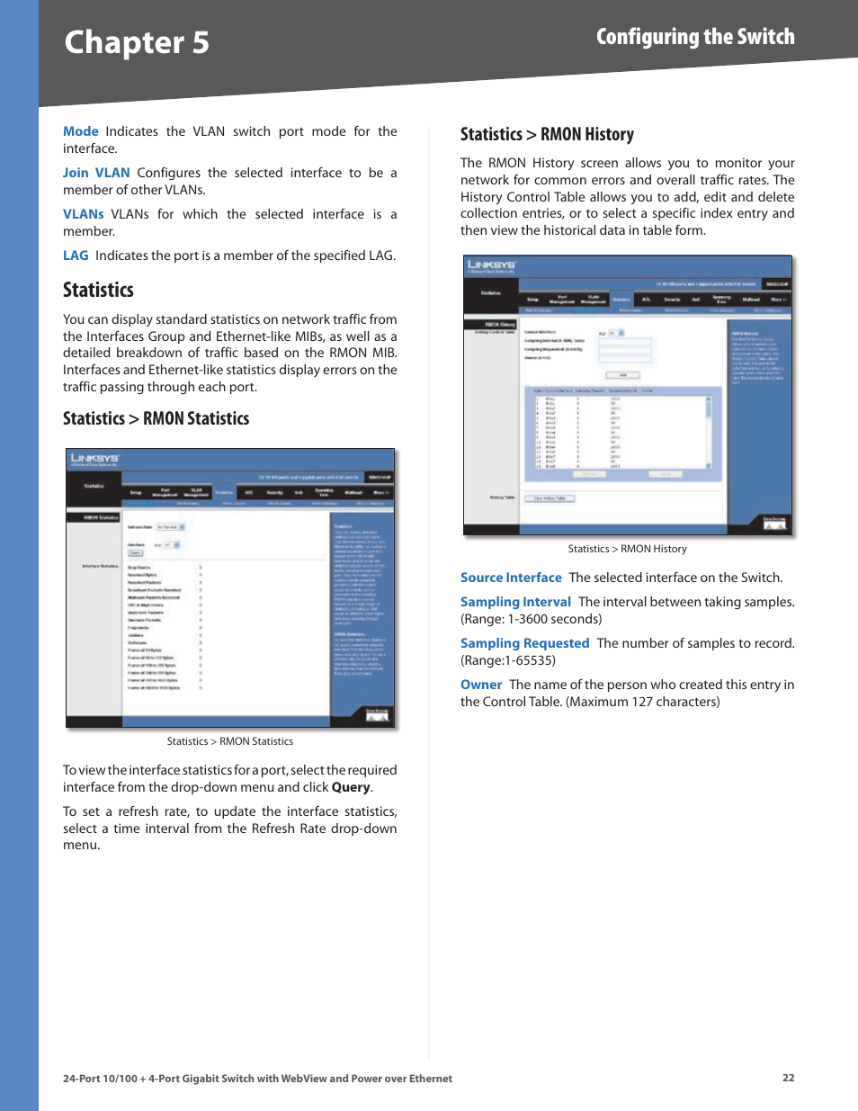 Statistics, Statistics > rmon statistics, Statistics > rmon history | Chapter, Configuring the switch | Linksys SRW224G4P User Manual | Page 26 / 72