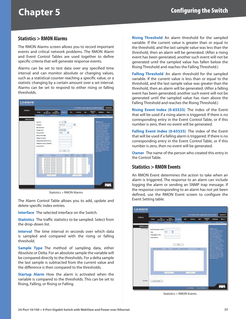 Statistics > rmon alarms, Statistics > rmon events, Statistics > rmon alarms statistics > rmon events | Chapter, Configuring the switch | Linksys SRW224G4P User Manual | Page 27 / 72