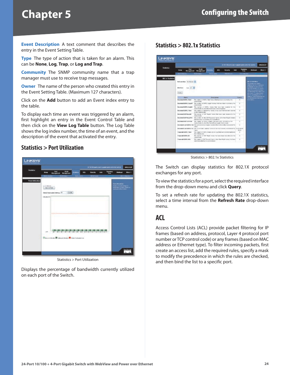 Statistics > port utilization, Statistics > 802.1x statistics, Chapter | Configuring the switch | Linksys SRW224G4P User Manual | Page 28 / 72