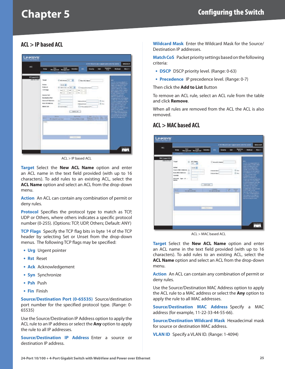 Acl > ip based acl, Acl > mac based acl, Acl > ip based acl acl > mac based acl | Chapter, Configuring the switch | Linksys SRW224G4P User Manual | Page 29 / 72