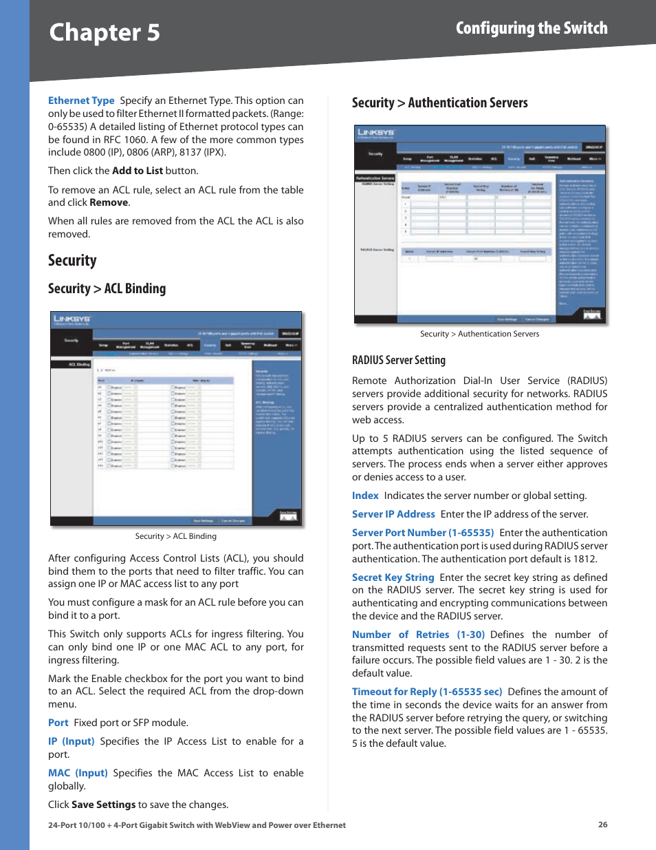 Security, Security > acl binding, Security > authentication servers | Chapter, Configuring the switch | Linksys SRW224G4P User Manual | Page 30 / 72