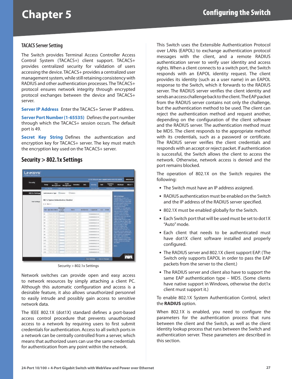Security > 802.1x settings, Security > 802 .1x settings, Chapter | Configuring the switch | Linksys SRW224G4P User Manual | Page 31 / 72