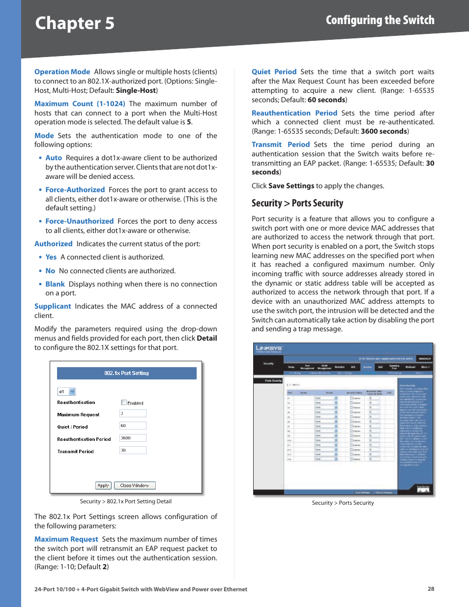 Security > ports security, Chapter, Configuring the switch | Linksys SRW224G4P User Manual | Page 32 / 72