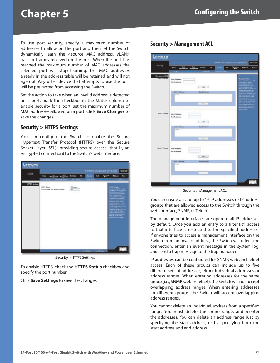 Security > https settings, Security > management acl, Chapter | Configuring the switch | Linksys SRW224G4P User Manual | Page 33 / 72