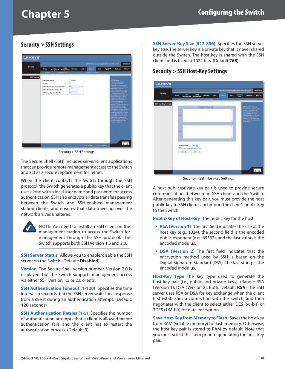 Security > ssh settings, Security > ssh host-key settings, Chapter | Configuring the switch | Linksys SRW224G4P User Manual | Page 34 / 72