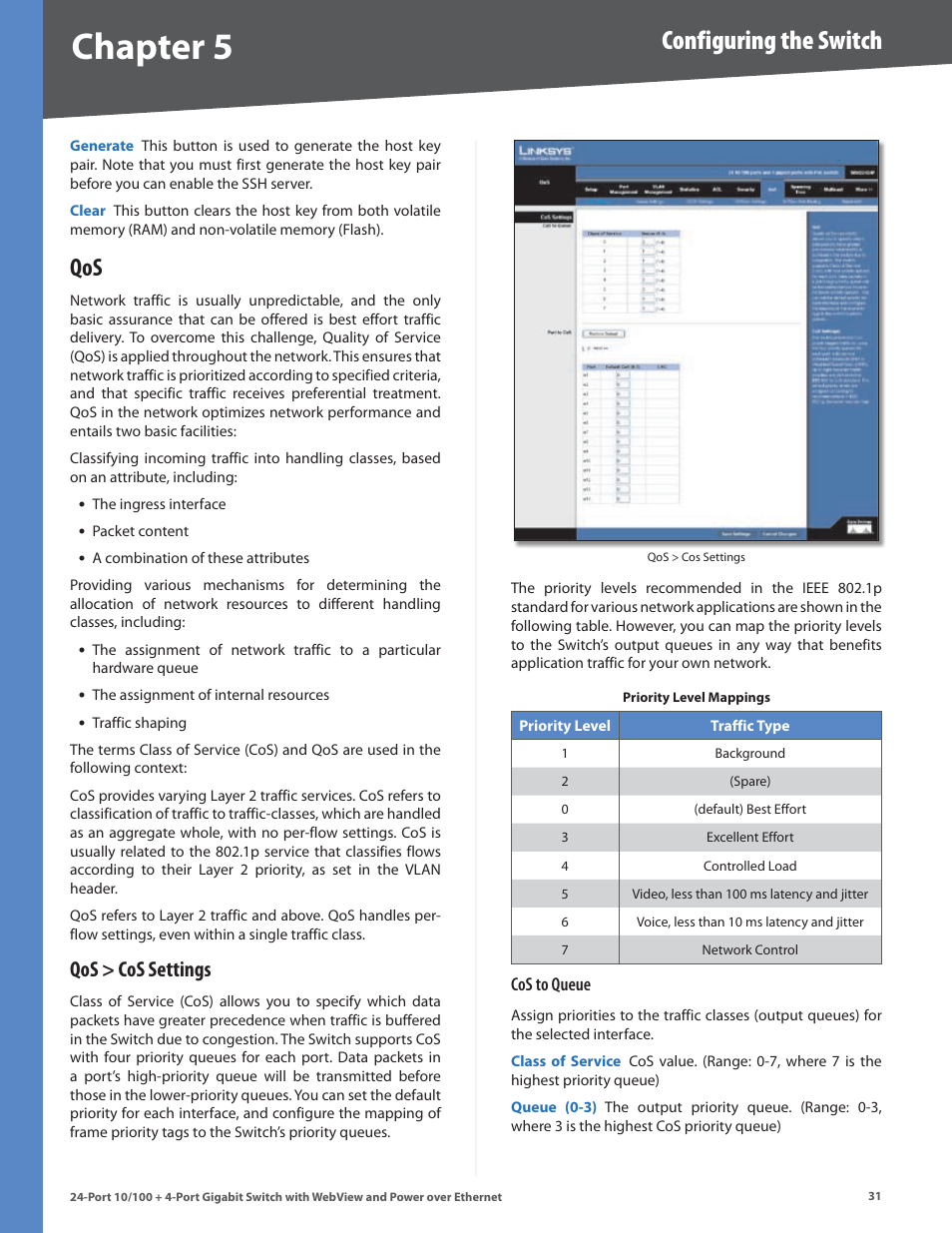 Qos > cos settings, Chapter, Configuring the switch | Linksys SRW224G4P User Manual | Page 35 / 72
