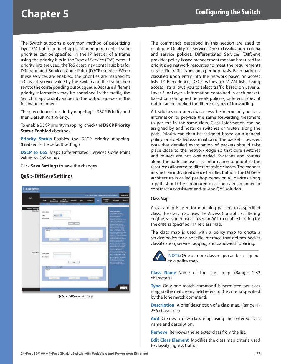 Qos > diffserv settings, Chapter, Configuring the switch | Linksys SRW224G4P User Manual | Page 37 / 72