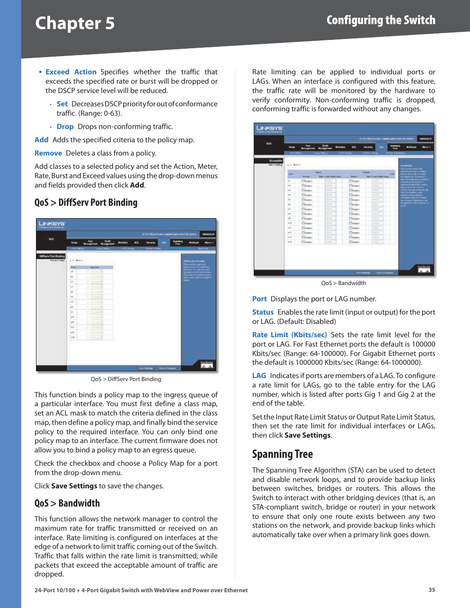 Qos > diffserv port binding, Qos > bandwidth, Spanning tree | Qos > diffserv port binding qos > bandwidth, Chapter, Configuring the switch | Linksys SRW224G4P User Manual | Page 39 / 72