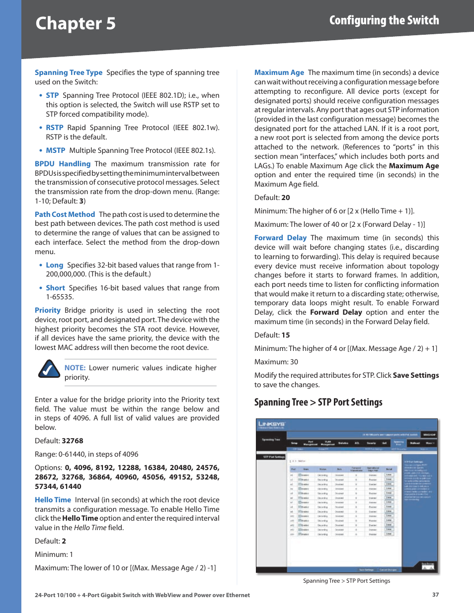 Spanning tree > stp port settings, Chapter, Configuring the switch | Linksys SRW224G4P User Manual | Page 41 / 72