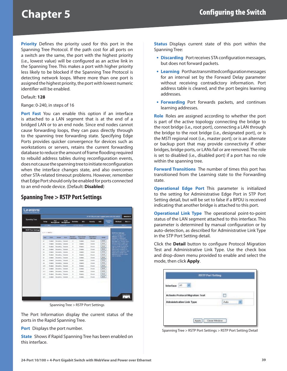 Spanning tree > rstp port settings, Chapter, Configuring the switch | Linksys SRW224G4P User Manual | Page 43 / 72