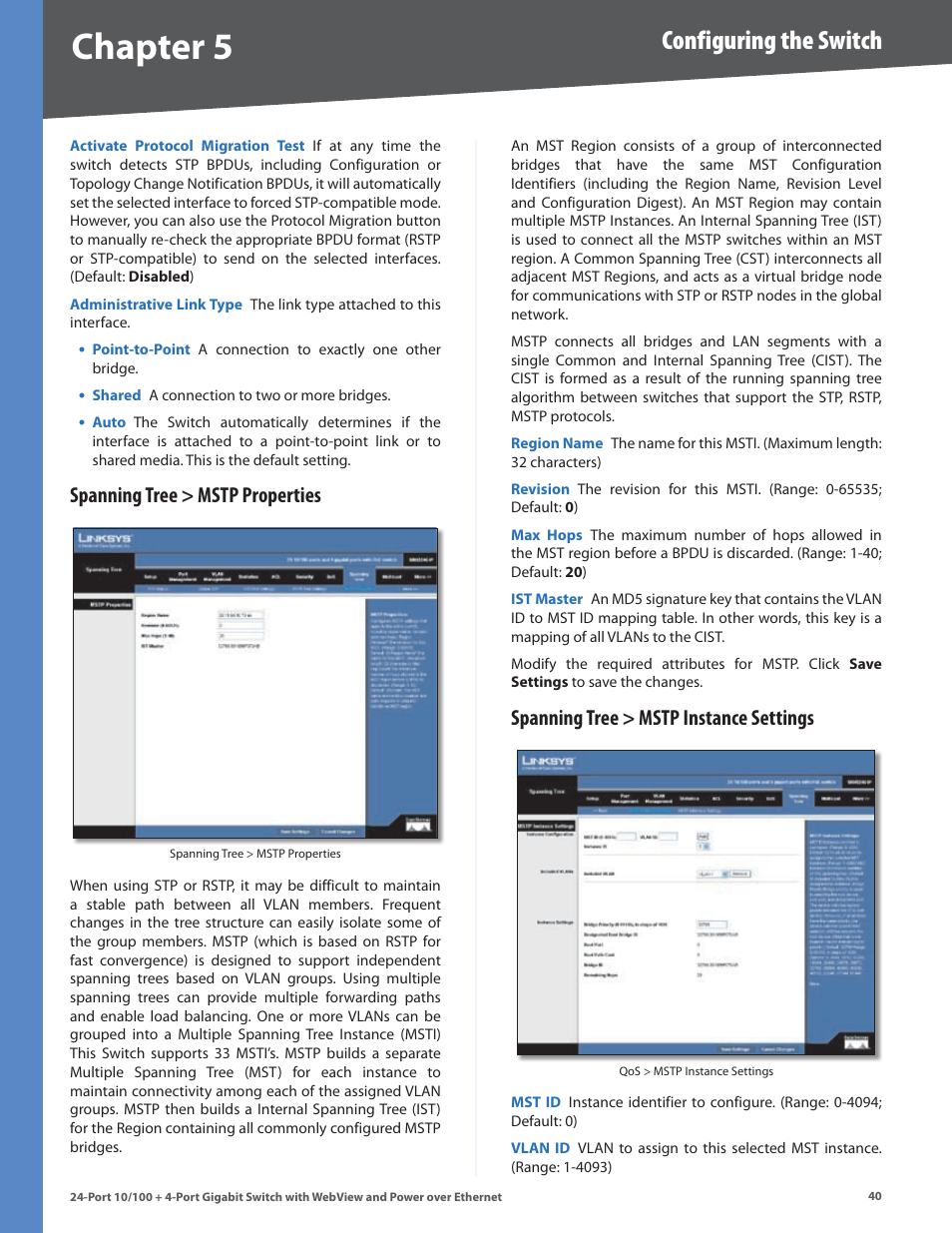 Spanning tree > mstp properties, Spanning tree > mstp instance settings, Chapter | Configuring the switch | Linksys SRW224G4P User Manual | Page 44 / 72