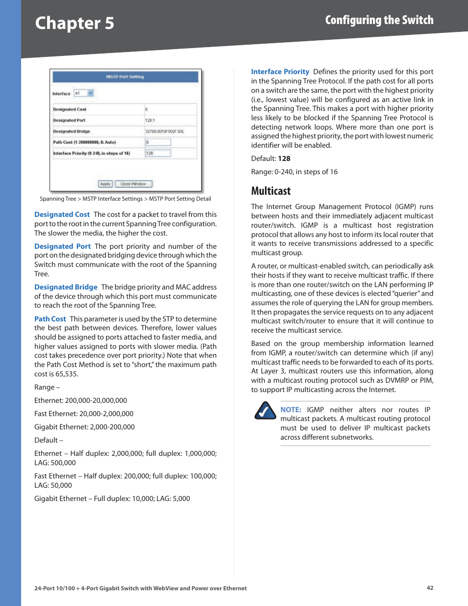 Multicast, Chapter, Configuring the switch | Linksys SRW224G4P User Manual | Page 46 / 72