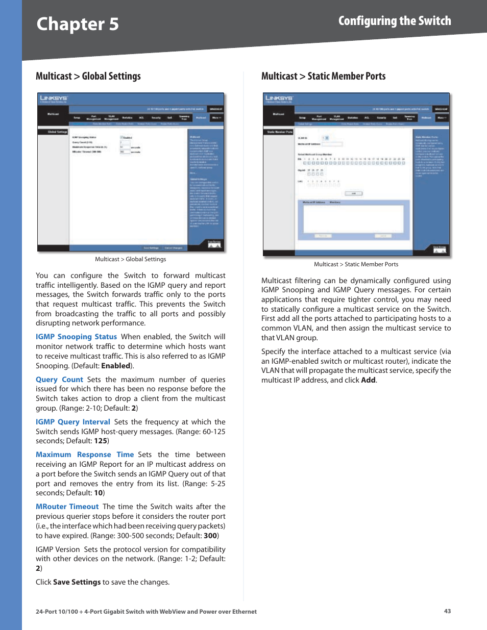 Multicast > global settings, Multicast > static member ports, Chapter | Configuring the switch | Linksys SRW224G4P User Manual | Page 47 / 72