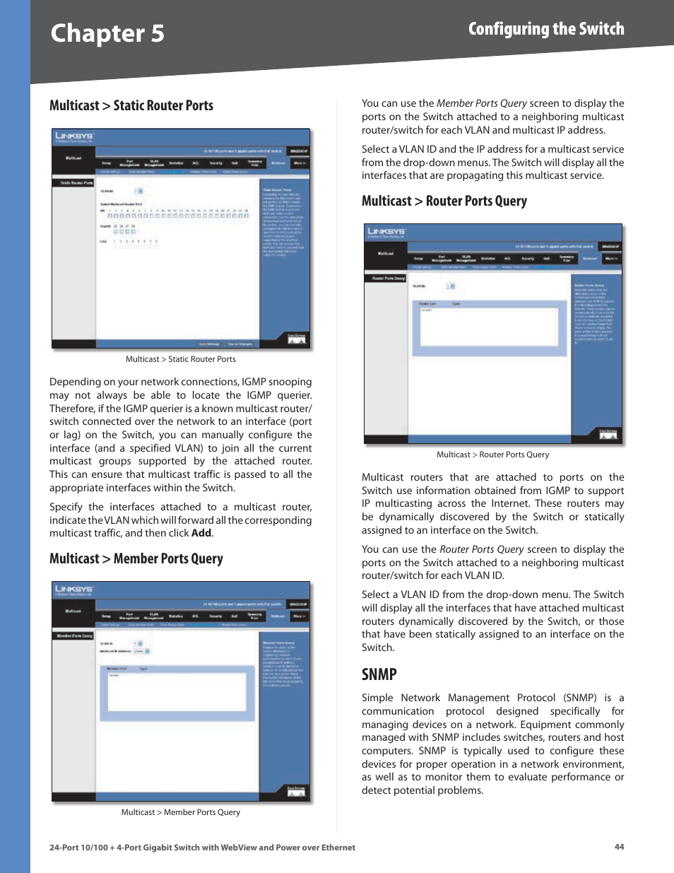 Multicast > static router ports, Multicast > member ports query, Multicast > router ports query | Snmp, Chapter, Configuring the switch | Linksys SRW224G4P User Manual | Page 48 / 72