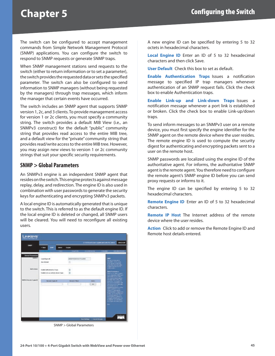 Snmp > global parameters, Chapter, Configuring the switch | Linksys SRW224G4P User Manual | Page 49 / 72