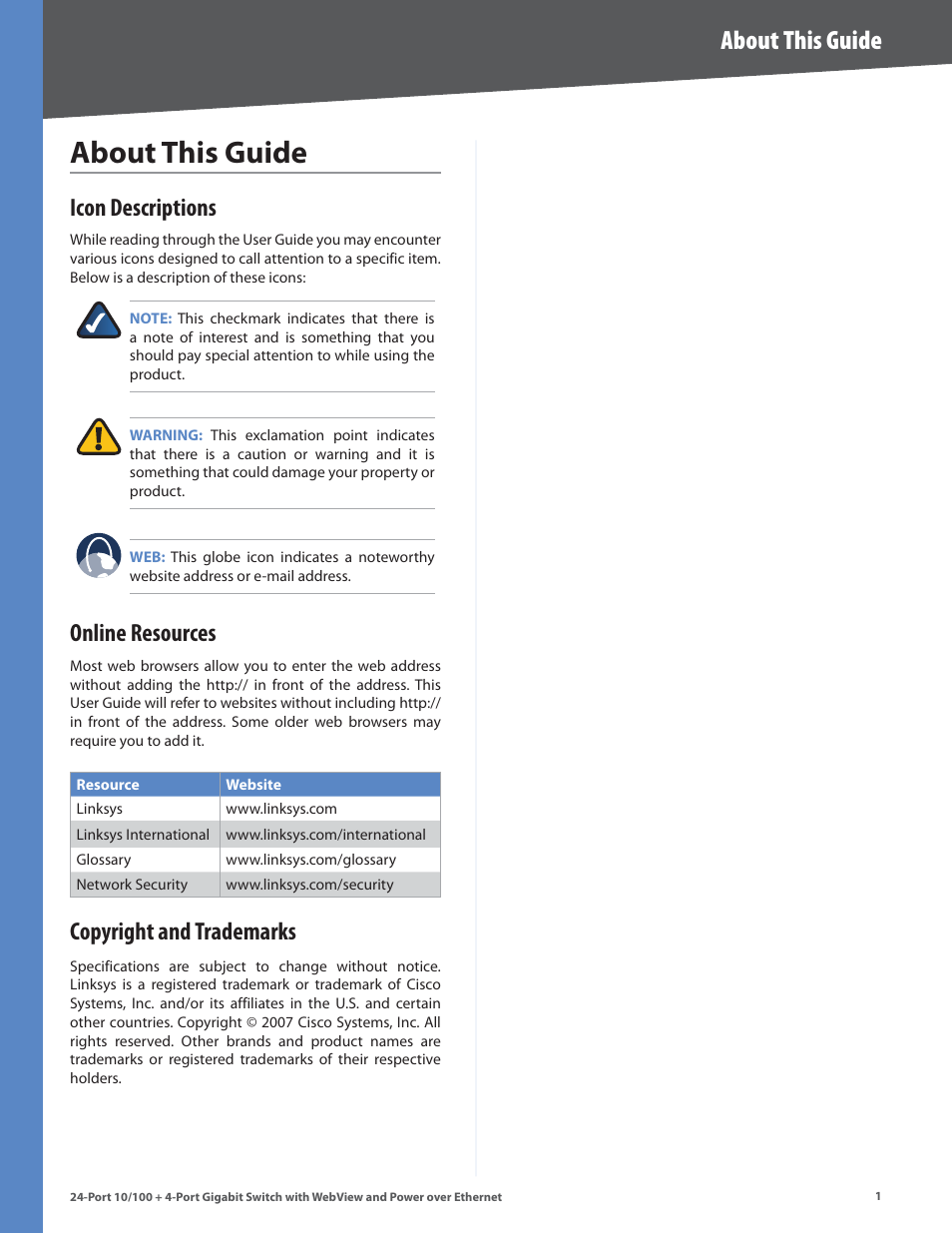 About this guide, Icon descriptions, Online resources | Copyright and trademarks, About ths gude | Linksys SRW224G4P User Manual | Page 5 / 72