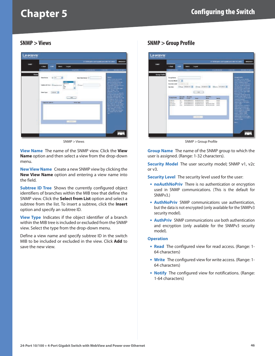 Snmp > views, Snmp > group profile, Snmp > views snmp > group profile | Chapter, Configuring the switch | Linksys SRW224G4P User Manual | Page 50 / 72