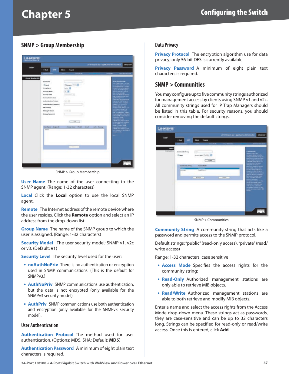 Snmp > group membership, Snmp > communities, Snmp > group membership snmp > communities | Chapter, Configuring the switch | Linksys SRW224G4P User Manual | Page 51 / 72
