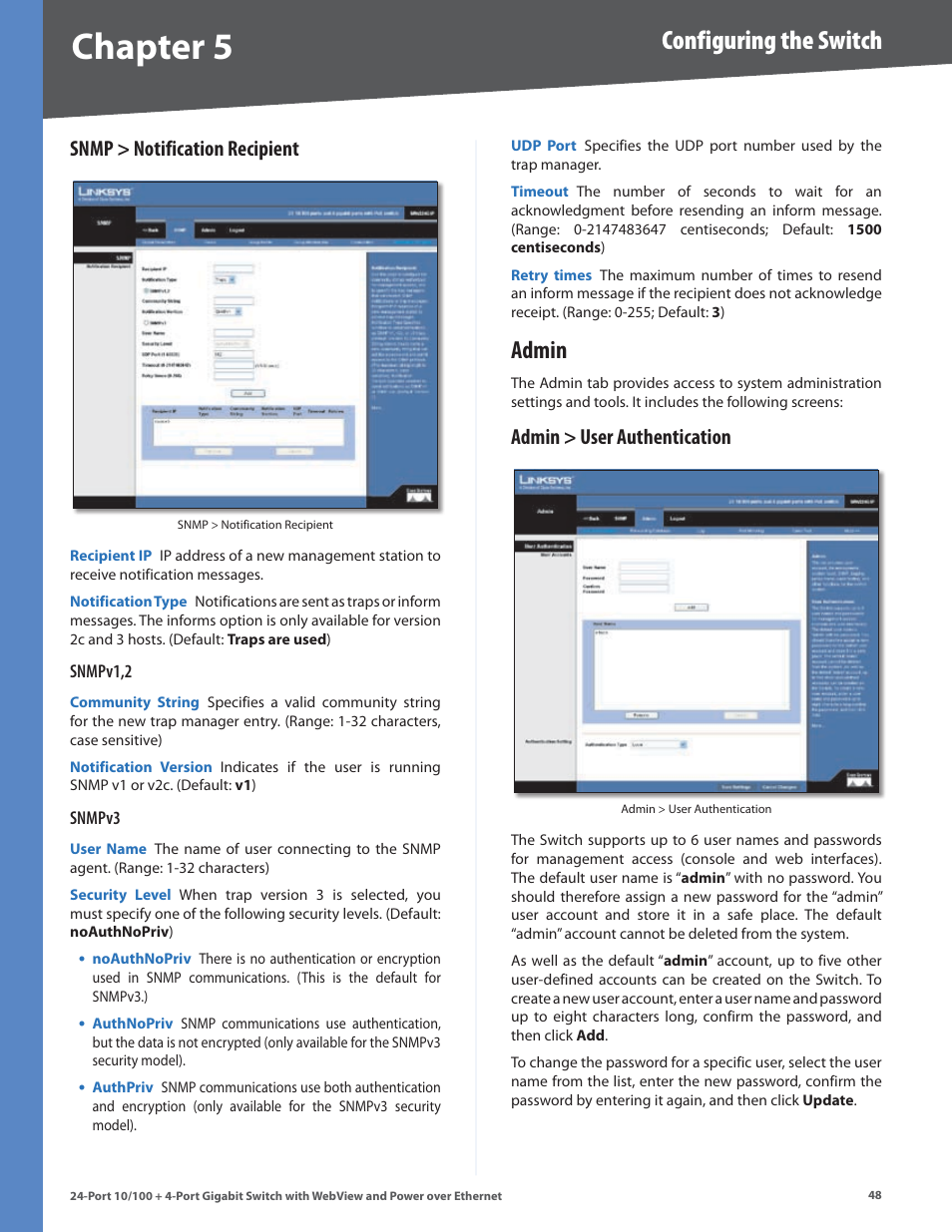 Snmp > notification recipient, Admin, Admin > user authentication | Chapter, Configuring the switch | Linksys SRW224G4P User Manual | Page 52 / 72